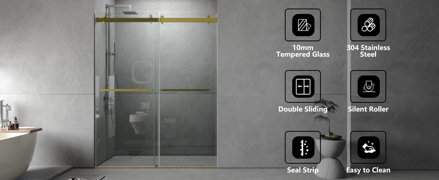 56 To 60'' W X 76'' H Frameless Shower Door, Double Sliding Shower Door With Premium 3 8'' 10Mm Thick Tempered Glass, Stainless Steel, Brushed Gold Brushed Gold Bathroom Modern Tempered Glass