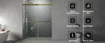 56 To 60'' W X 76'' H Frameless Shower Door, Double Sliding Shower Door With Premium 3 8'' 10Mm Thick Tempered Glass, Stainless Steel, Brushed Gold Brushed Gold Bathroom Modern Tempered Glass