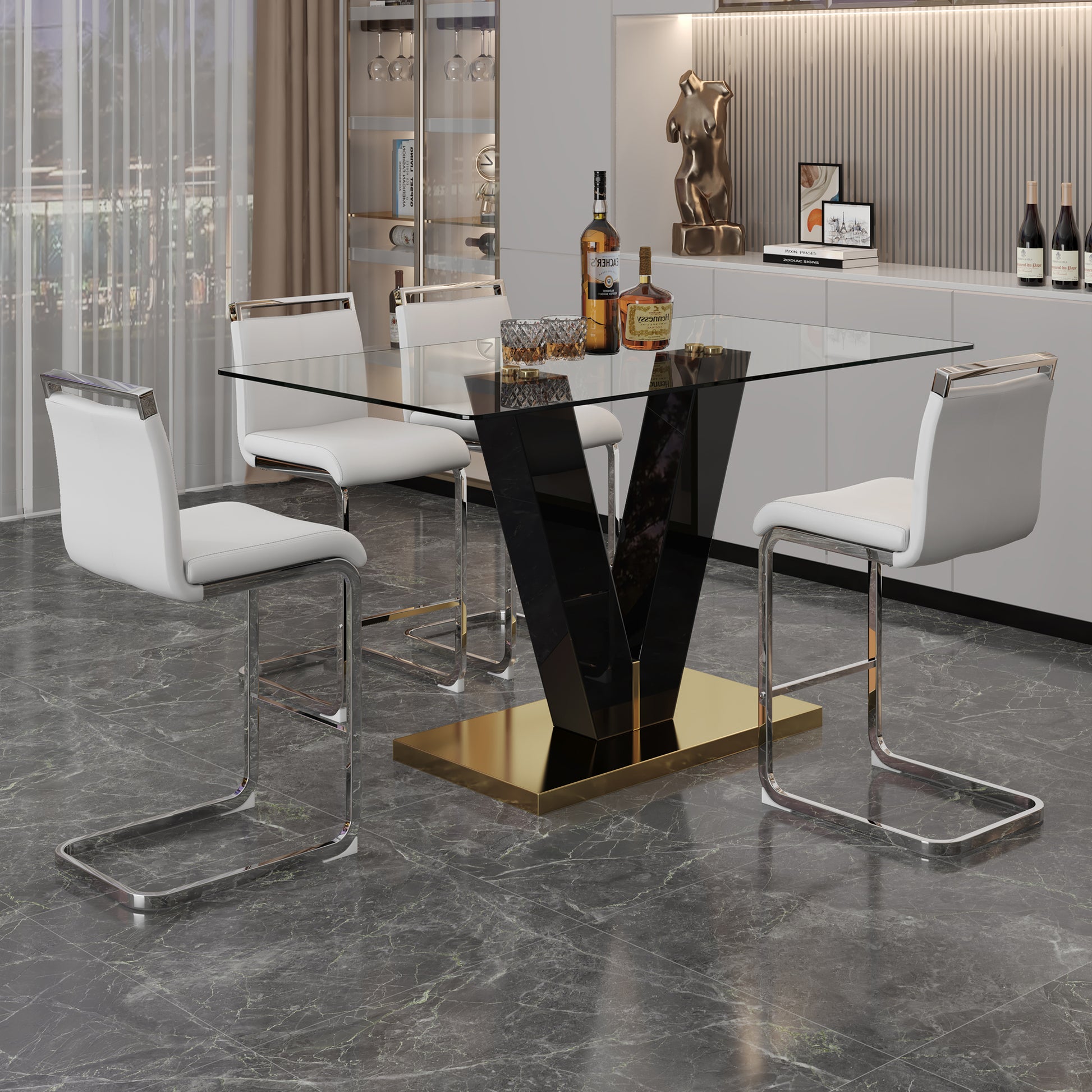 Table And Chair Set. A Rectangular Glass Dining Table With A 0.4 Inch Tempered Glass Tabletop And Mdf Board V Shaped Bracket, Paired With Chairs Consisting Of Pu Seat Cushions And Silver Metal Legs. White Black Seats 4 Tempered Glass