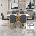 Table And Chair Set.Modern Luxurious Tempered Glass Dining Table Set With 6 Gold Metal Legs And Pu Chairs.White Marble Patterned Sticker Tabletop,Dark Gray Chairs With Gold Metal Legs. Gold,Gray