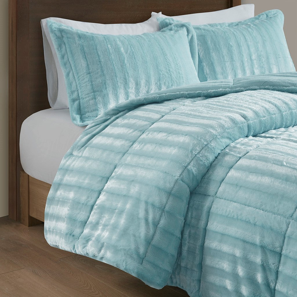 Faux Fur Comforter Mini Set King Teal Blue Polyester