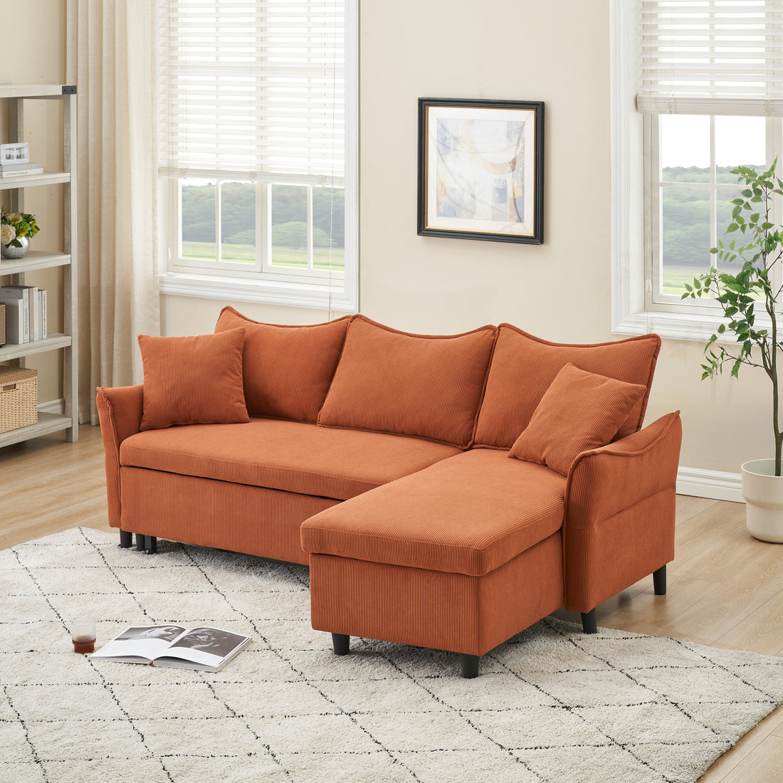 This 80 Inch Orange Corduroy L Shaped Sofa Comes With Two Small Throw Pillows That Can Be Converted Into A Sofa Bed For Storage Orange Corduroy 3 Seat