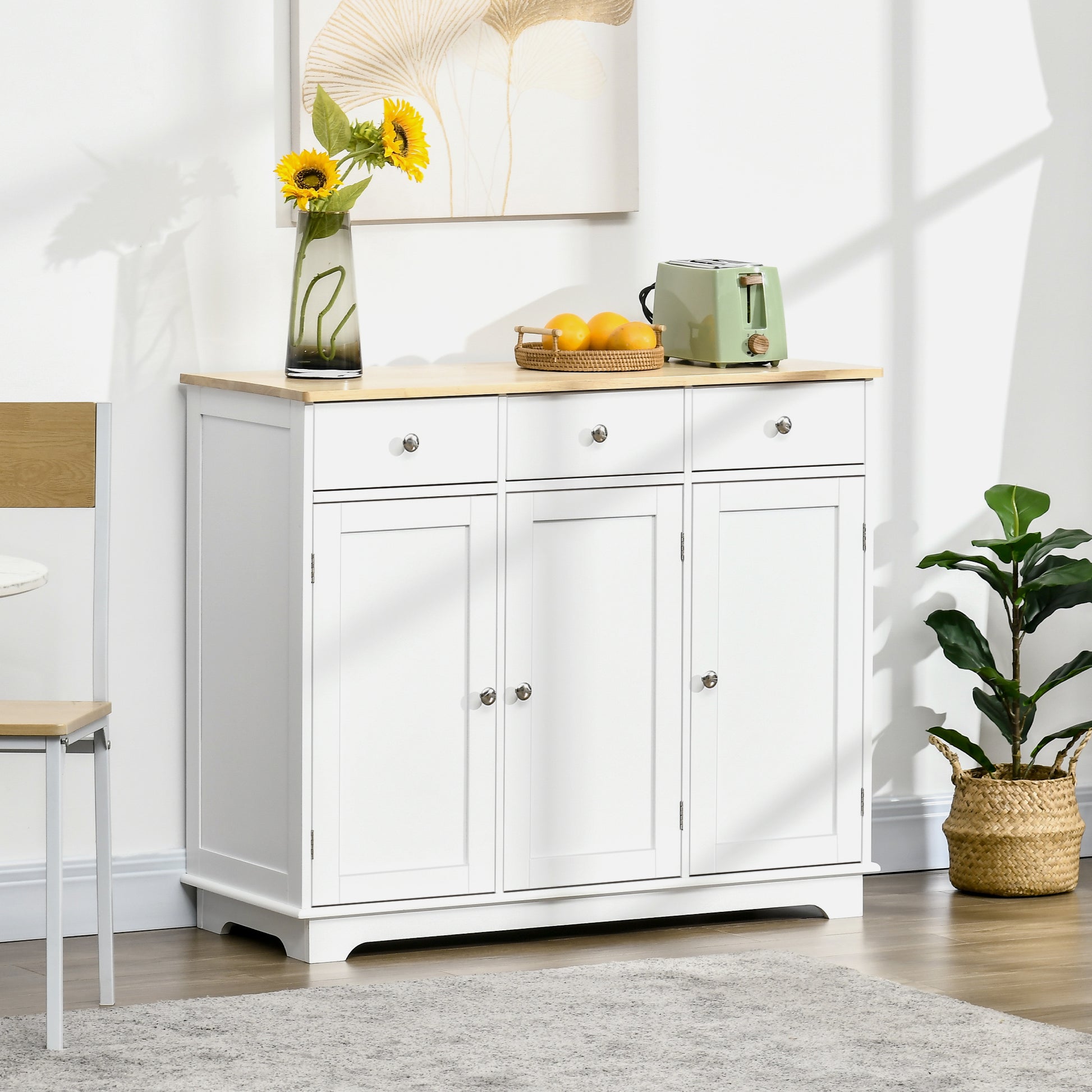 Homcom Sideboard With Solid Wood Countertop, Modern Kitchen Storage Cabinet, Coffee Bar Cabinet With 3 Drawers, Doors And Adjustable Shelf, White White Mdf