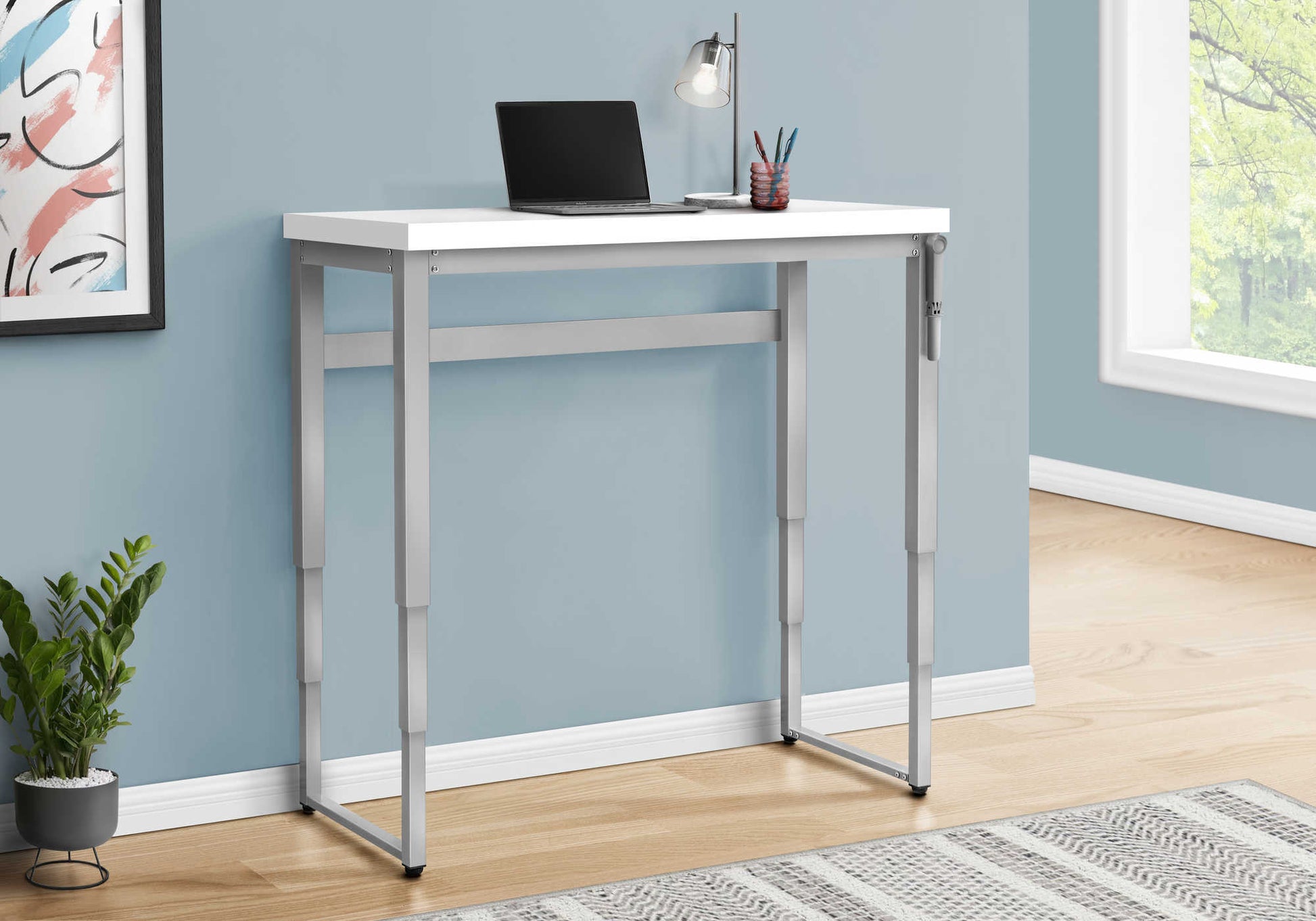 Computer Desk, Home Office, Standing, Adjustable, 48"L, Work, Laptop, White Laminate, Grey Metal, Contemporary, Modern White Particle Board