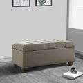 Textured Fabric Upholstered Button Tufted Storage Bench With Wooden Bun Feet, Gray And Brown Grey Brown Wood Fabric