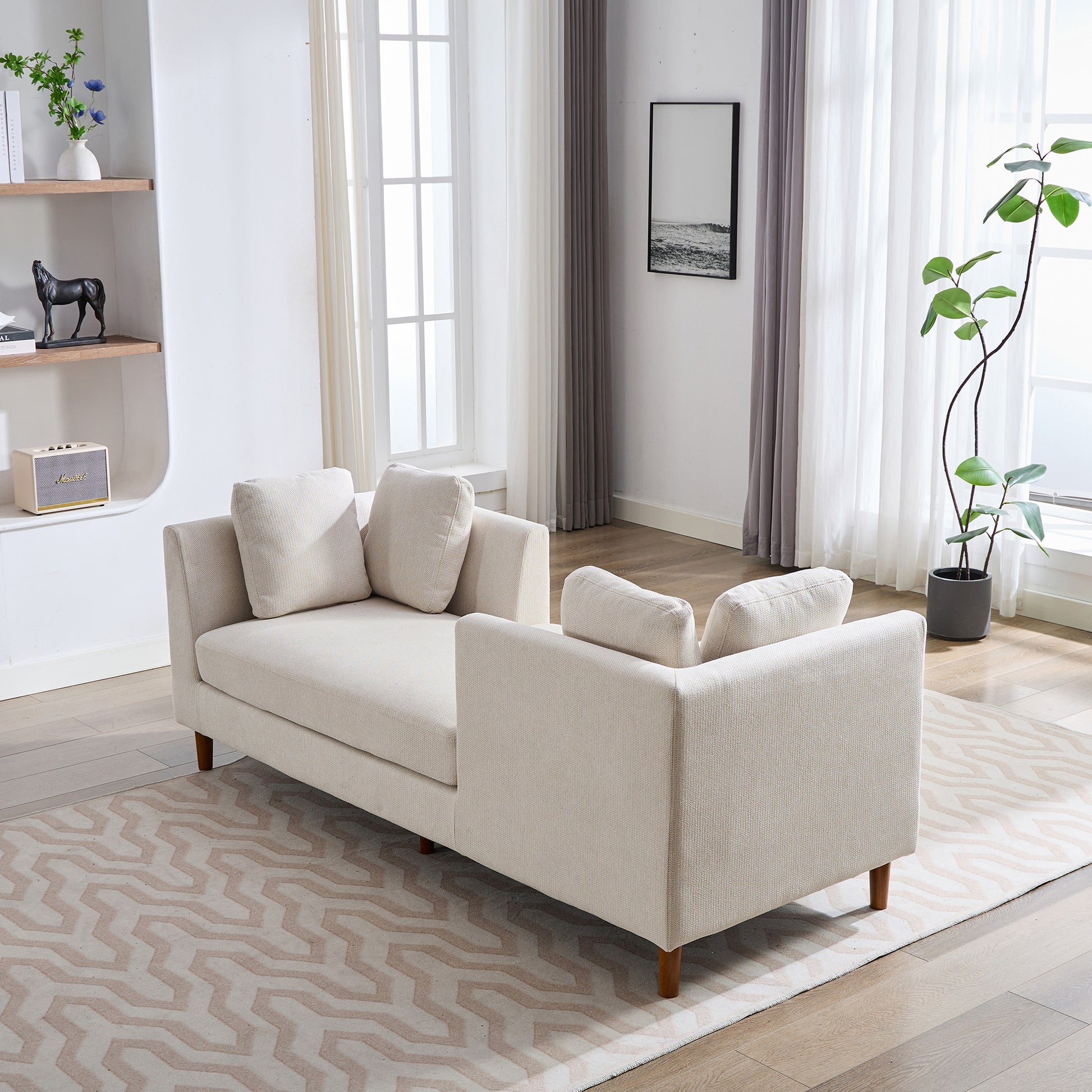 77.95'' Wide Modern Double Sided Upholstered Chaise Lounge Indoor,Chenille Fabric Sleeper Sofa Couch With 4 Throw Pillows, Daybed With Rubberwood Legs For Living Room, Bedroom, Apartment,Beige Beige