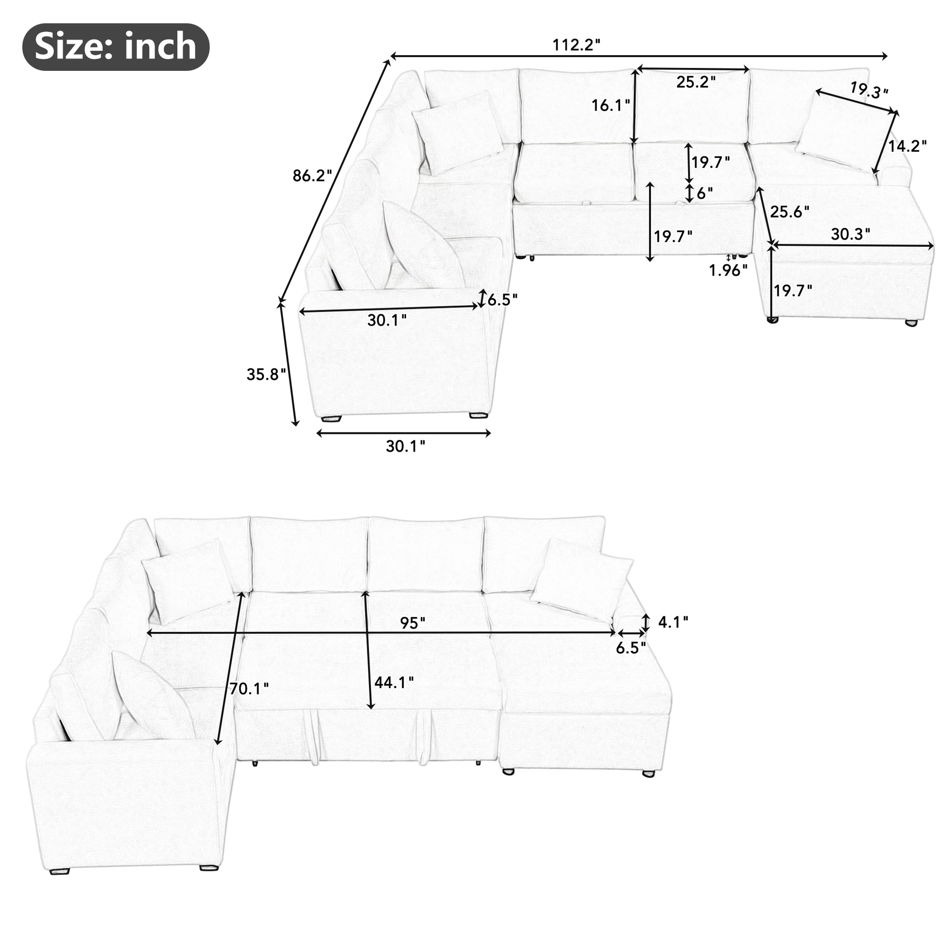 112.2" Sectional Sofa Pull Out Sofa Bed Sleeper With A Storage Ottoman,Three Pillows And Charging Devices For Living Room, Cream Cream Foam Chenille 6 Seat