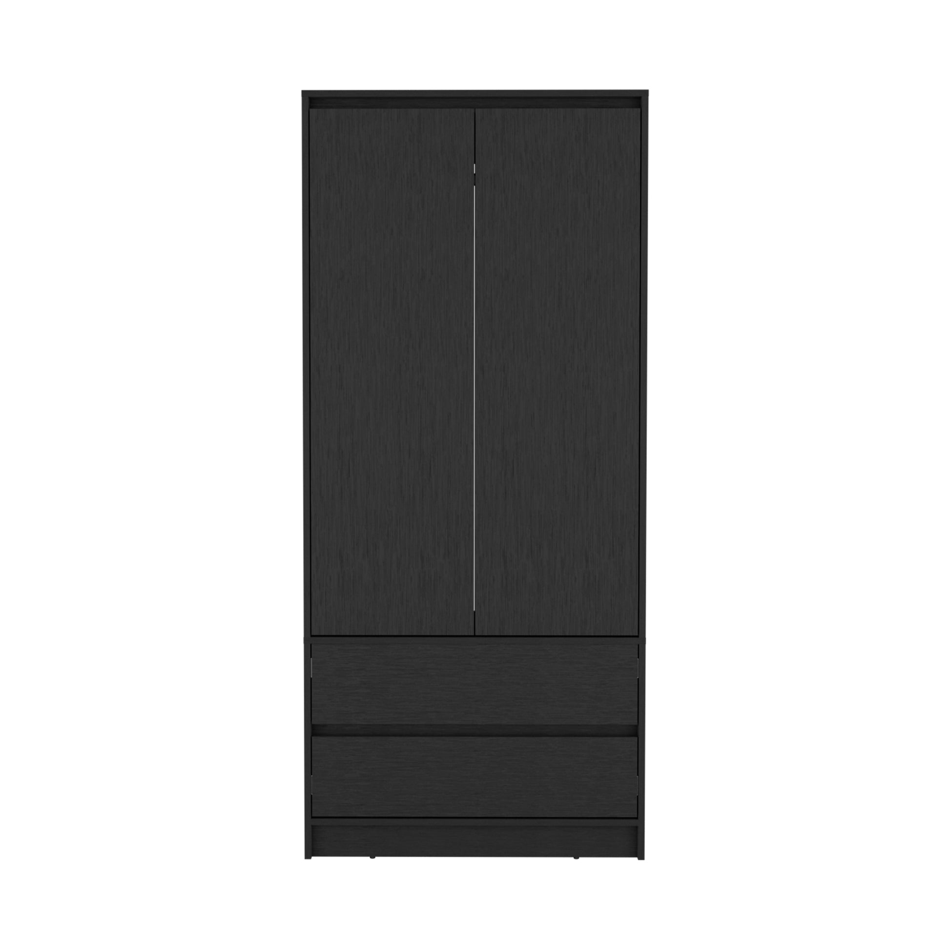 Armoire, Wardrobe Closet With Two Drawers, Hanging Rod, Black Black Solid Wood Mdf Engineered Wood