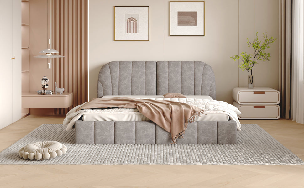 Queen Size Upholstered Platform Bed With Thick Fabric, Polyester, Gray Queen Gray Polyester
