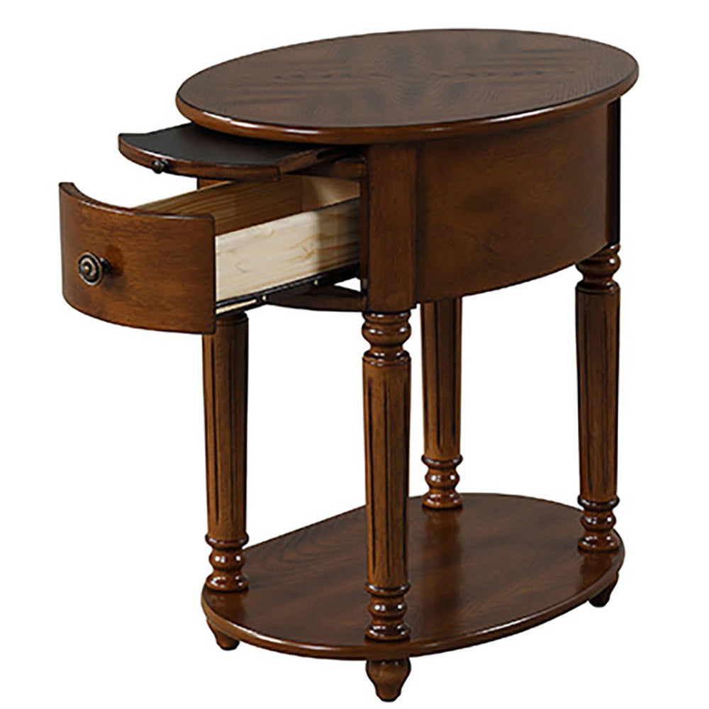 Dark Oak Accent Table With Bottom Shelf Dark Oak Primary Living Space Freestanding Rubberwood Oval Drawers Coffee & End Tables Oval Wood H Shape