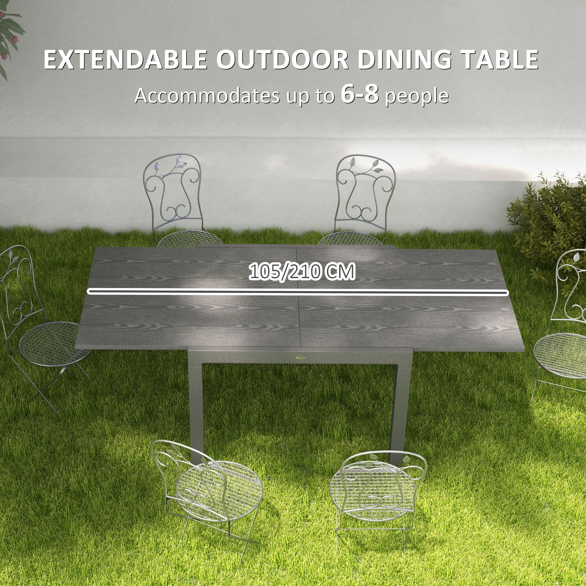 Outsunny Extendable Outdoor Dining Table, 41" 83" Aluminum Frame Patio Table With Wood Effect Steel Top, Rectangle Expandable Patio Table For 6 8, Dark Gray Dark Grey Steel