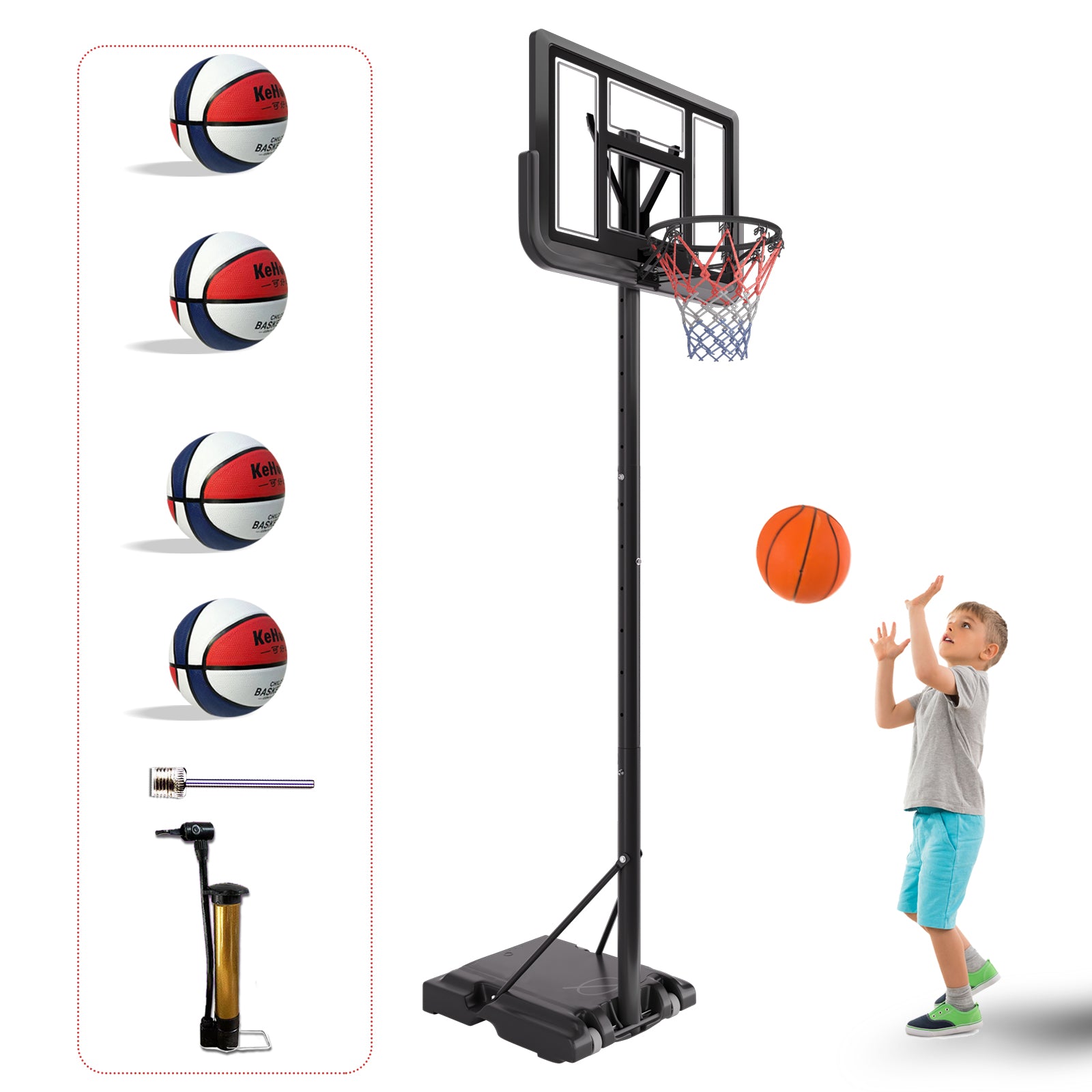 Basketball Hoop Basketball System 4.76 10Ft Height Adjustable With 4 Basketball, Net Pocket, Inflator Set Black Metal