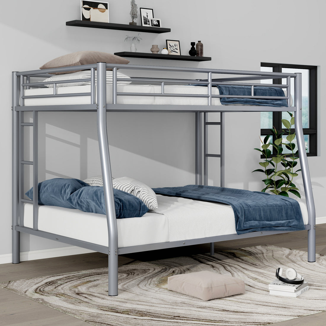 Full Xl Over Queen Metal Bunk Bed With Ladder And Guardrails, Silver Expected Arrival Time: 9.7 Box Spring Not Required Full Xl Silver Metal Metal