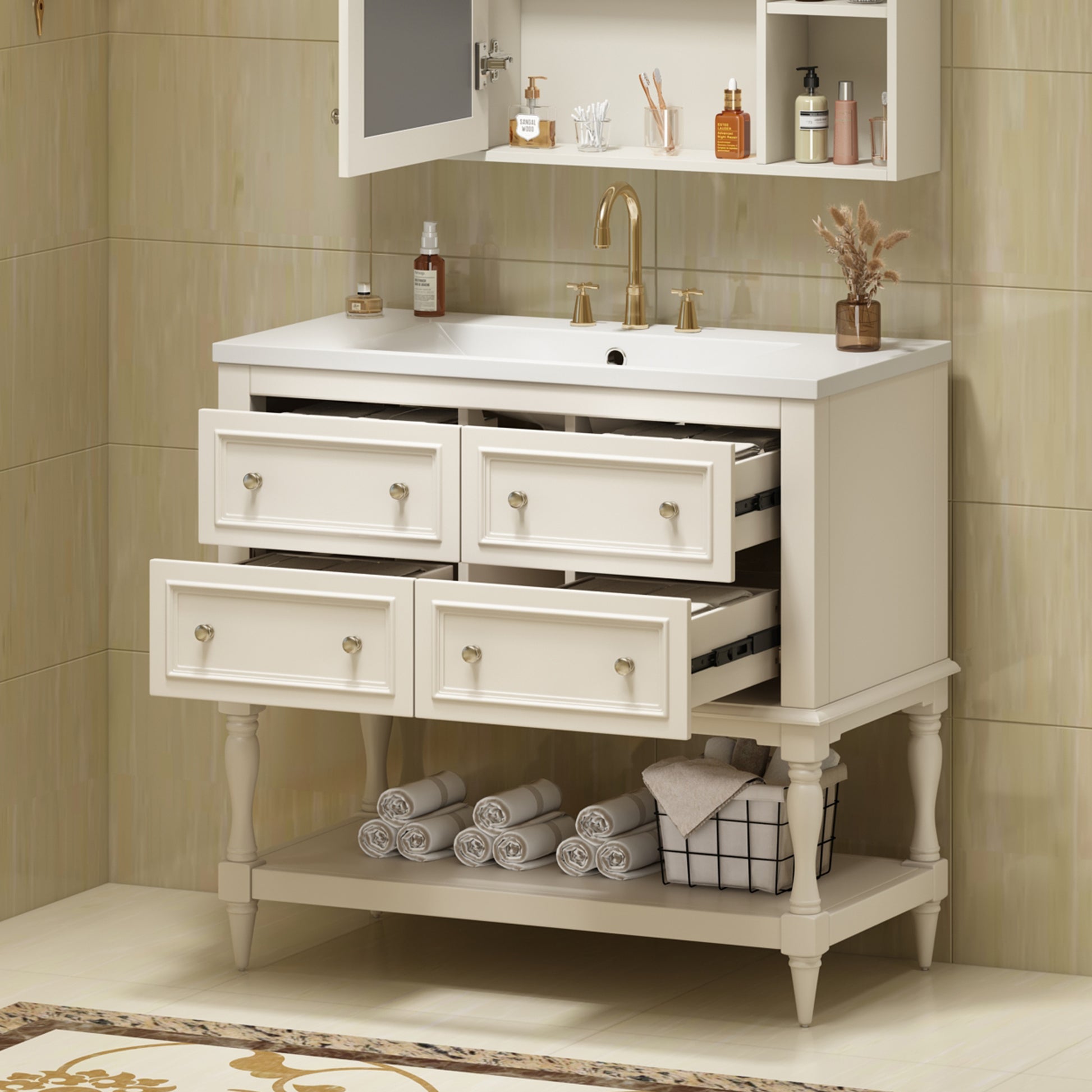 36" Bathroom Vanity Cabinet With Sink Combo Set, Undermount Resin Sink, Free Standing Vanity Set With 4 Drawers, Solid Wood Frame Bathroom Cabinet, Beige 4 Beige 1 Adjustable Hinges Bathroom Freestanding Solid Wood Mdf Resin Painted