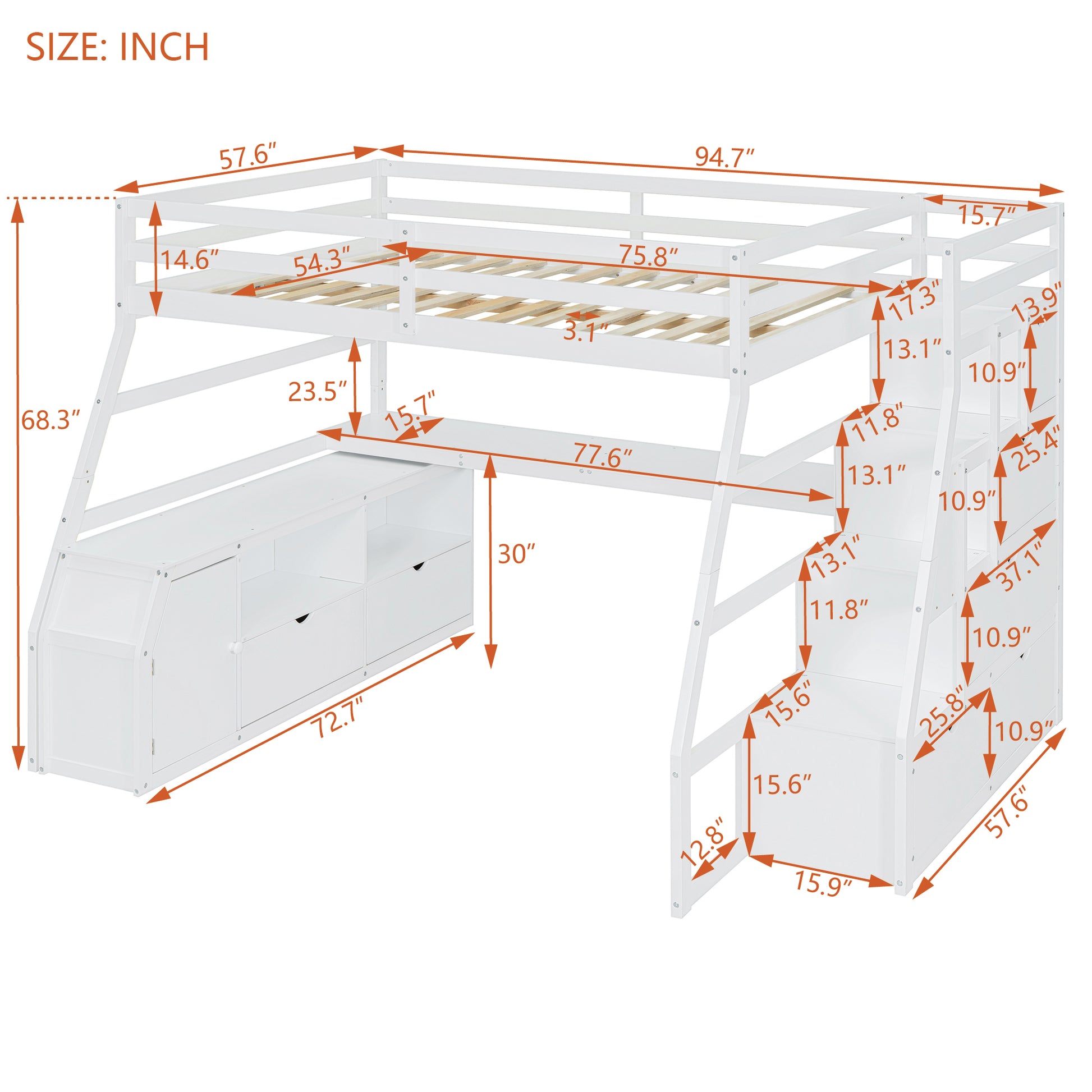 Full Size Loft Bed With 7 Drawers 2 Shelves And Desk White Full White Plywood