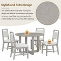 5 Piece Retro Dining Set, Round Table Top With Radial Wood Grain Design And 4 Upholstered Chairs For Dining Room And Kitchen Antique Gray Antique Gray Solid Wood Mdf