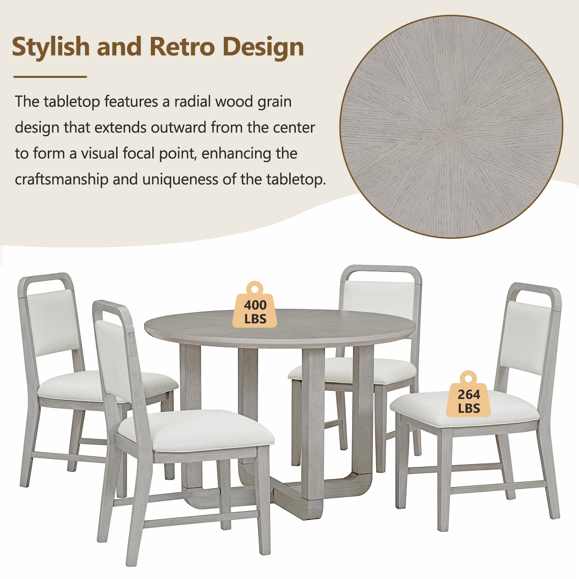 5 Piece Retro Dining Set, Round Table Top With Radial Wood Grain Design And 4 Upholstered Chairs For Dining Room And Kitchen Antique Gray Antique Gray Solid Wood Mdf