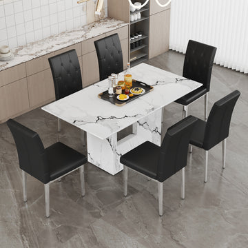 Table And Chair Set.63"X35.4" White Marble Patterned Mdf Dining Table Set With 6 Armless Black Pu Chairs.Showcasing A Modern And Stylish Look. Black,White Seats 6 Mdf Metal