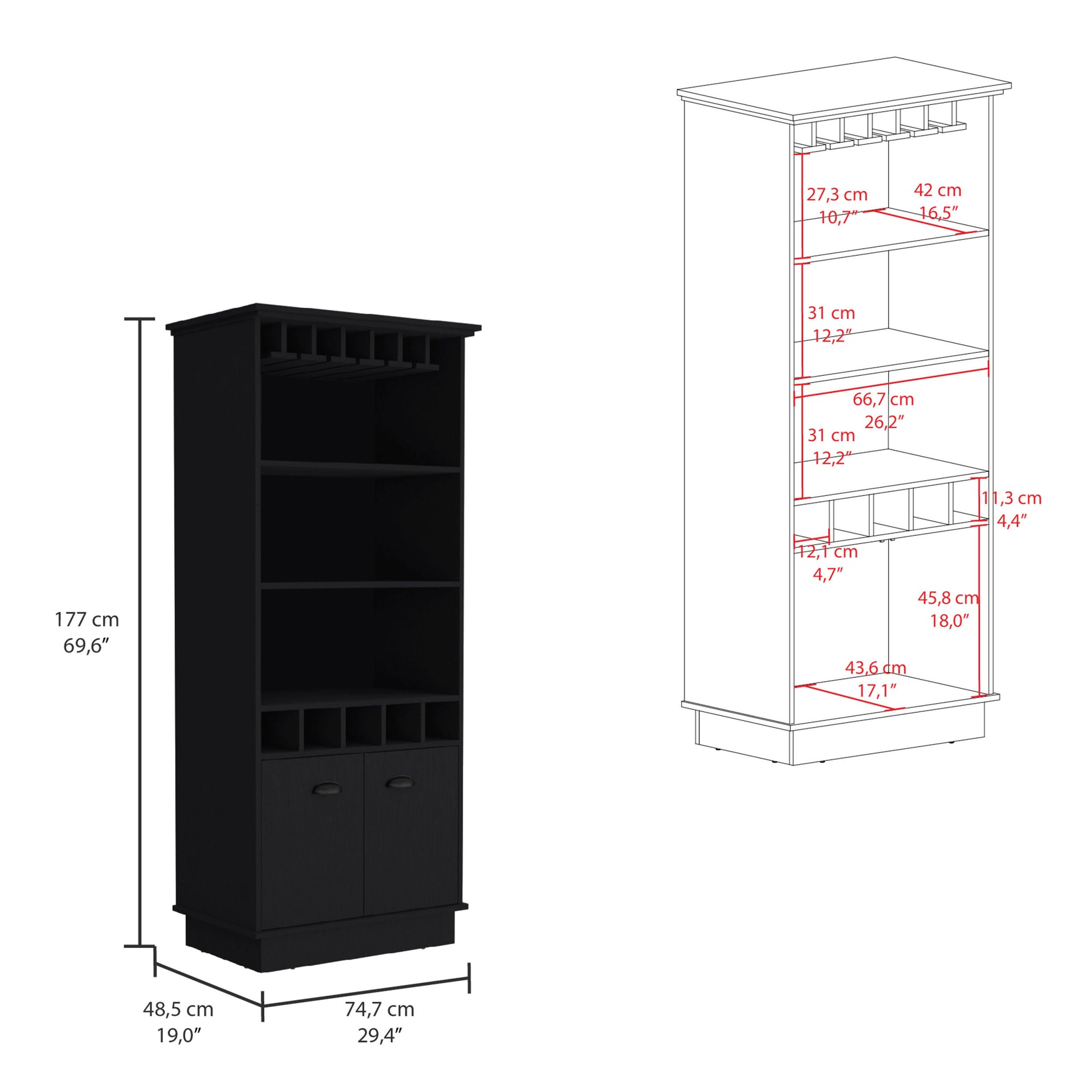 Dundee 70 Inch High 10 Glass Bar Cabinet With 5 Cubbies And 3 Open Shelves And Cabinet Black Primary Living Space Modern Shelves Included Particle Board