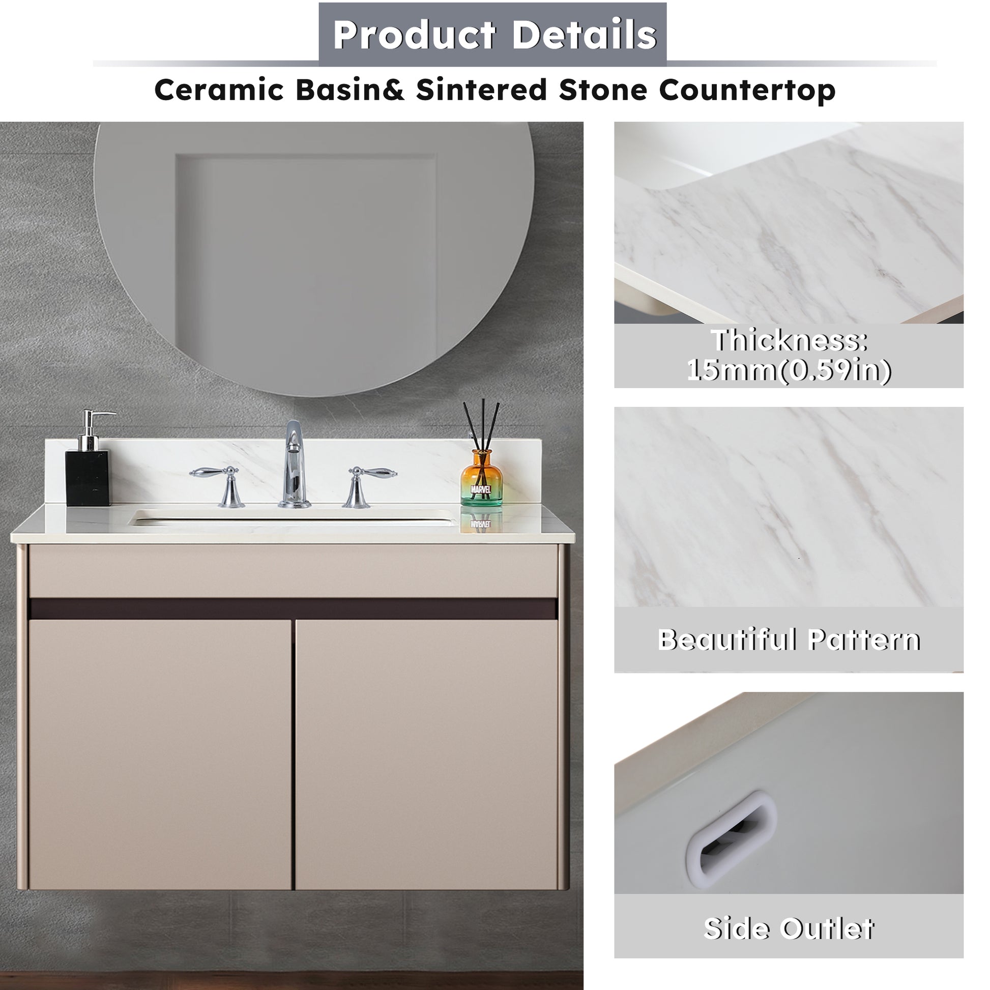 31 Inch Marble Vanity Top, White Vanity Top With Pre Drilled Faucet Holes, Bathroom Vanity Top With Undermount Rectangular Middle Sink And 4" Height Backsplash, Bianco Carrara Venato White Bathroom Sintered Stone