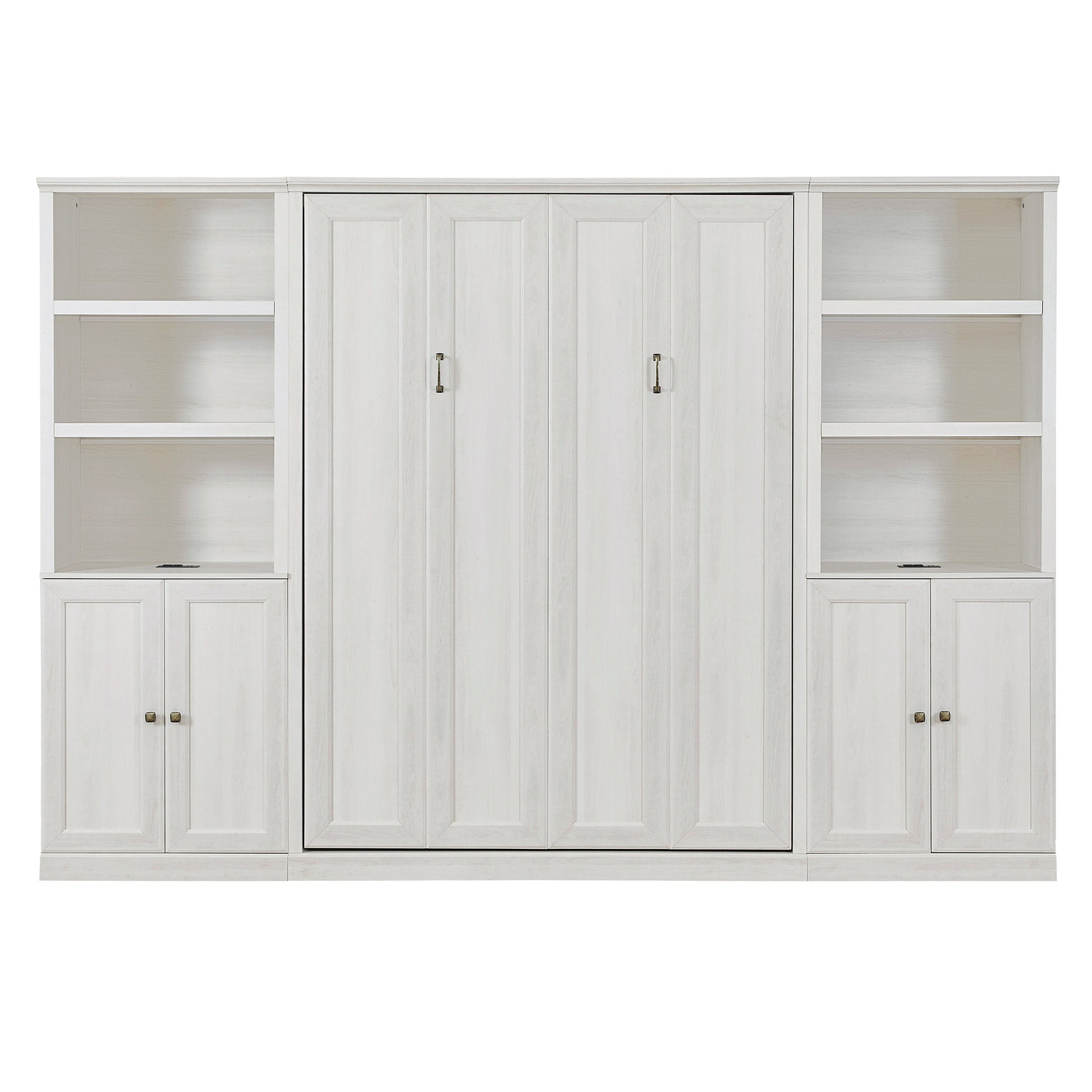 Full Size Half Self Close And Open Murphy Bed With 2 Side Cabinet Storage Shelf, Cabinet Space Saving Bed Perfect For Guest Room, Bed Room, Guest Room, Home Office, Rustic White Box Spring Not Required Full Rustic White Wood White Pine Murphy Solid Wood