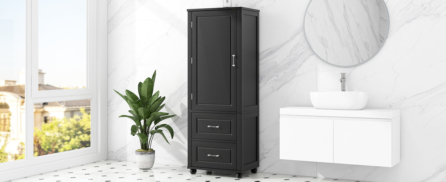 Tall Bathroom Storage Cabinet, Freestanding Storage Cabinet With Two Drawers And Adjustable Shelf, Mdf Board With Painted Finish, Black Black Mdf