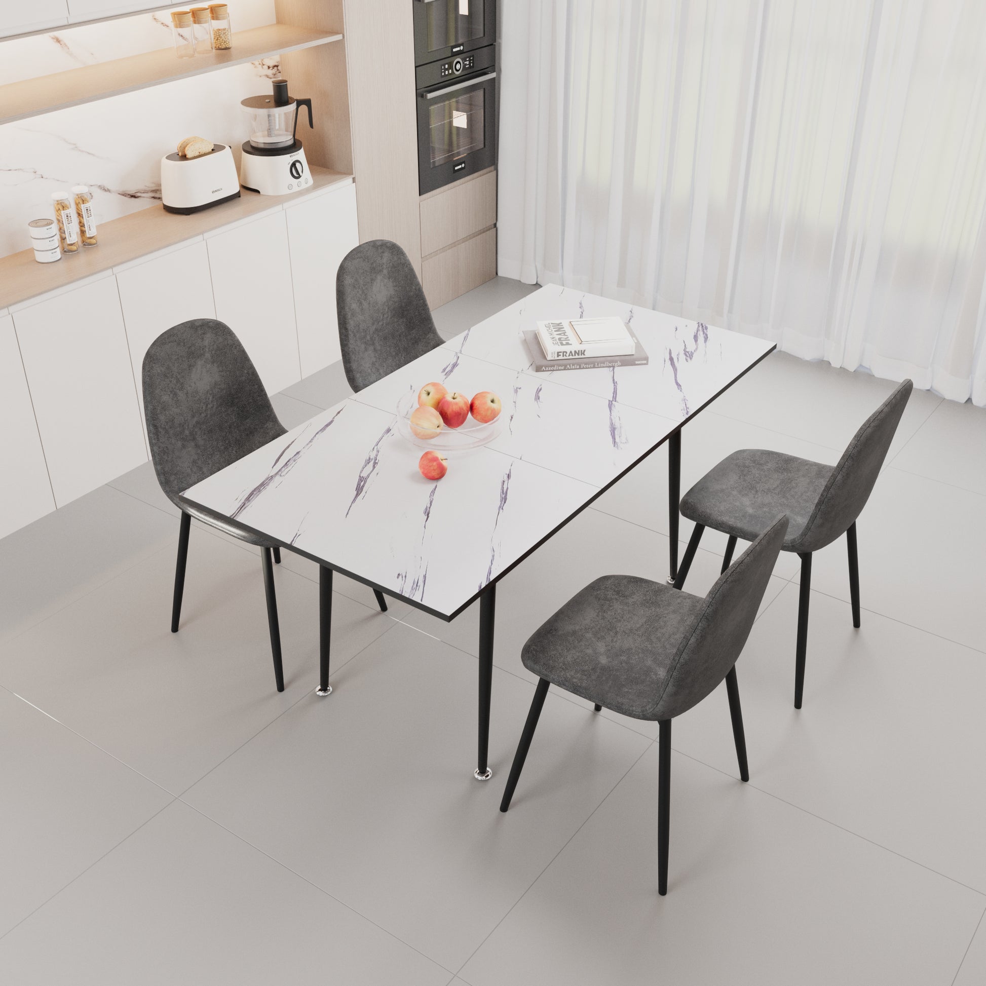 47" 63" Extendable Mdf Modern Dining Table And Chair Set, Suitable For 2 6 People, White Dining Table And Modern Grey Round Dining Chair 4 Piece Set, Metal Base And Suede Chair Grey White Mdf