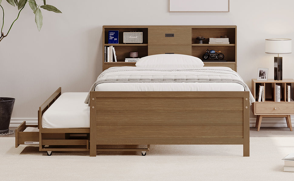 Full Size Captain Bed With Storage Bookcase Headboard,Captain Bed With Trundle And Three Storage Drawers For Kids Teens Dorm Bedroom Multipurpose Guest Room Or Home, Walnut Box Spring Not Required Full Walnut Wood Solid Wood Mdf