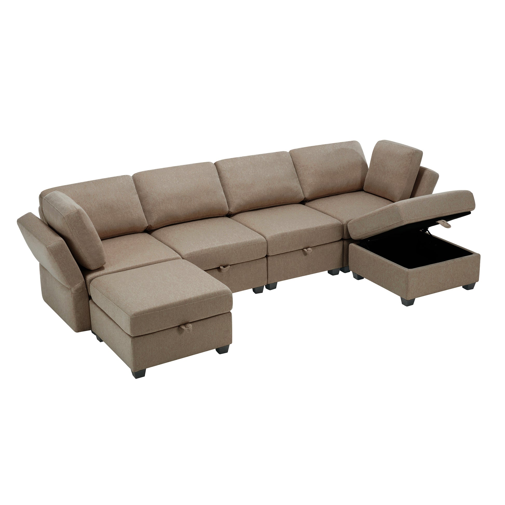 Adjustable Arms And Backs Modern U Shape Linen Couch Modular Sectional Sofa Couch With Storage Seat, Large Convertible Sofa With Reversible Chaise For Living Room Apartment Office, Brown Brown Polyester 4 Seat