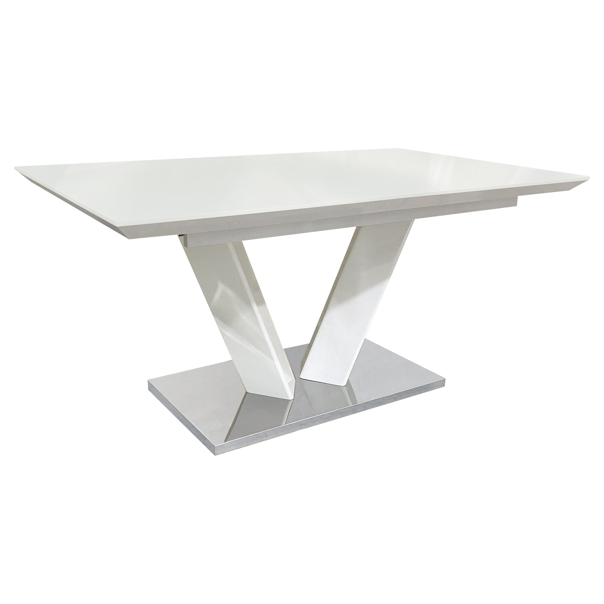 Sleek Contemporary Style Dining Table White High Gloss Finish Tabletop Self Storing Extension Leaf V Shaped Support Chrome Base Plate Dining Room Furniture 1Pc White Seats 6 Dining Room Contemporary,Modern Kitchen & Dining Tables Rectangular Metal,Wool