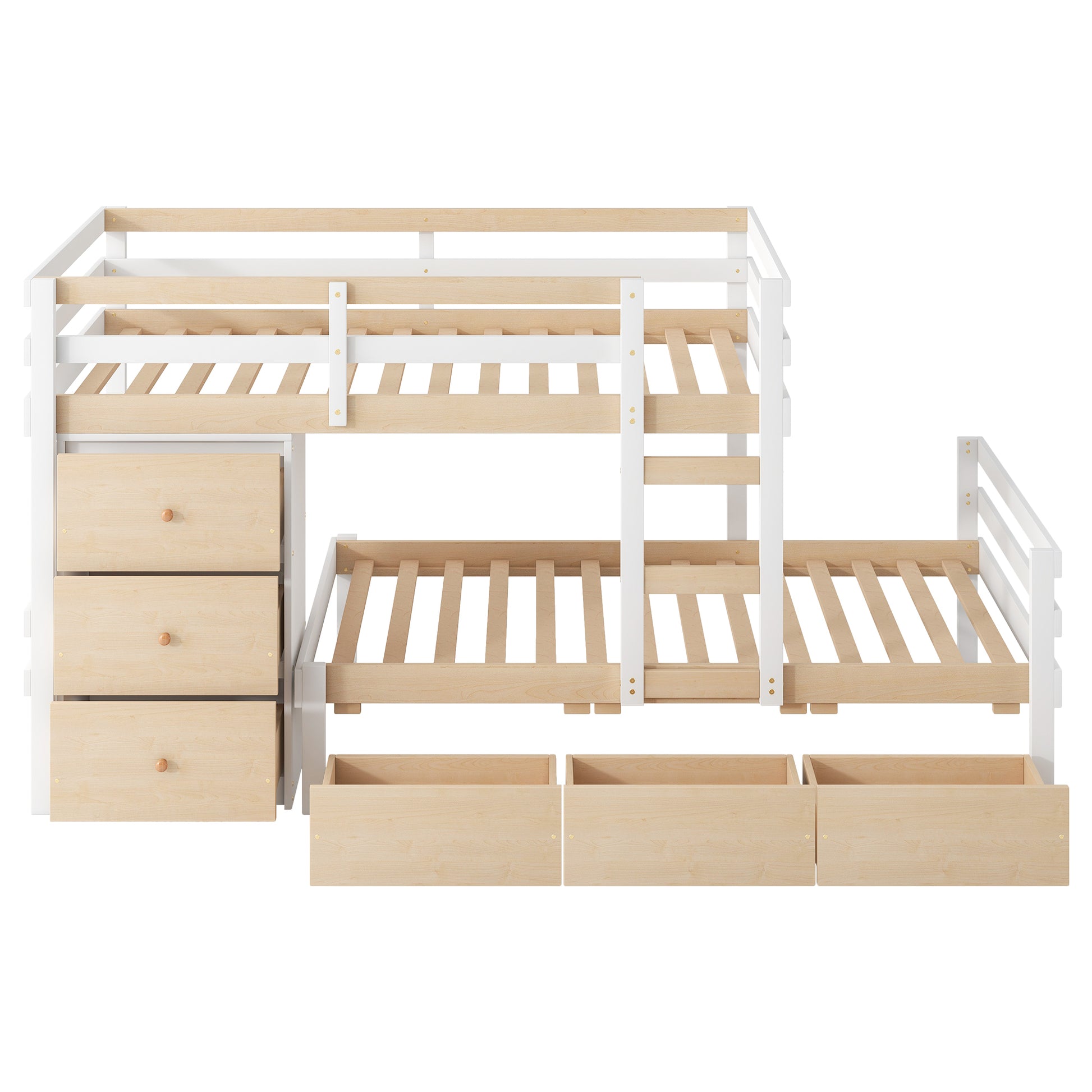 Twin Over Twin Loft Bunk Bed With Drawers And Ladder, Natural Twin Natural Pine