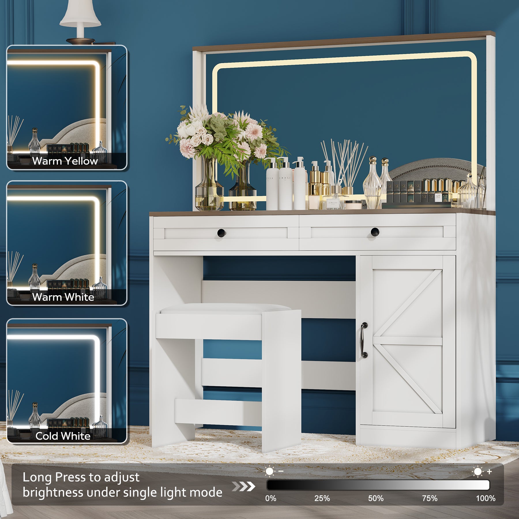43.3"Makeup Vanity Table, Makeup Table With Large Mirror And Led Light Strip, Brightness Adjustable, Dressing Table Desk With 3 Drawers, Vanity Desk For Women White With Stool White Particle Board