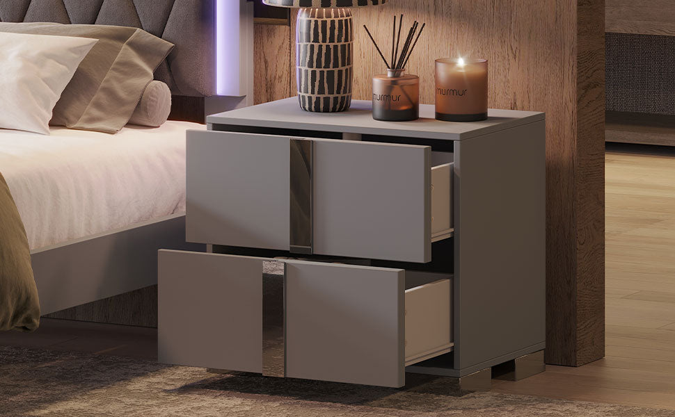 Elegant Nightstand With Metal Handle,Mirrored Bedside Table With 2 Drawers For Bedroom,Living Room,Grey Grey 2 Drawers Mdf Metal