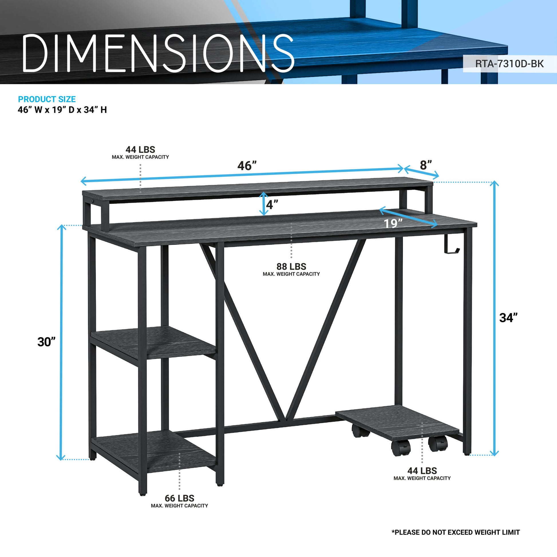 Techni Mobili Industrial Writing Desk, Black Black Computer Desk Office Modern Rectangular Rectangular Engineered Wood