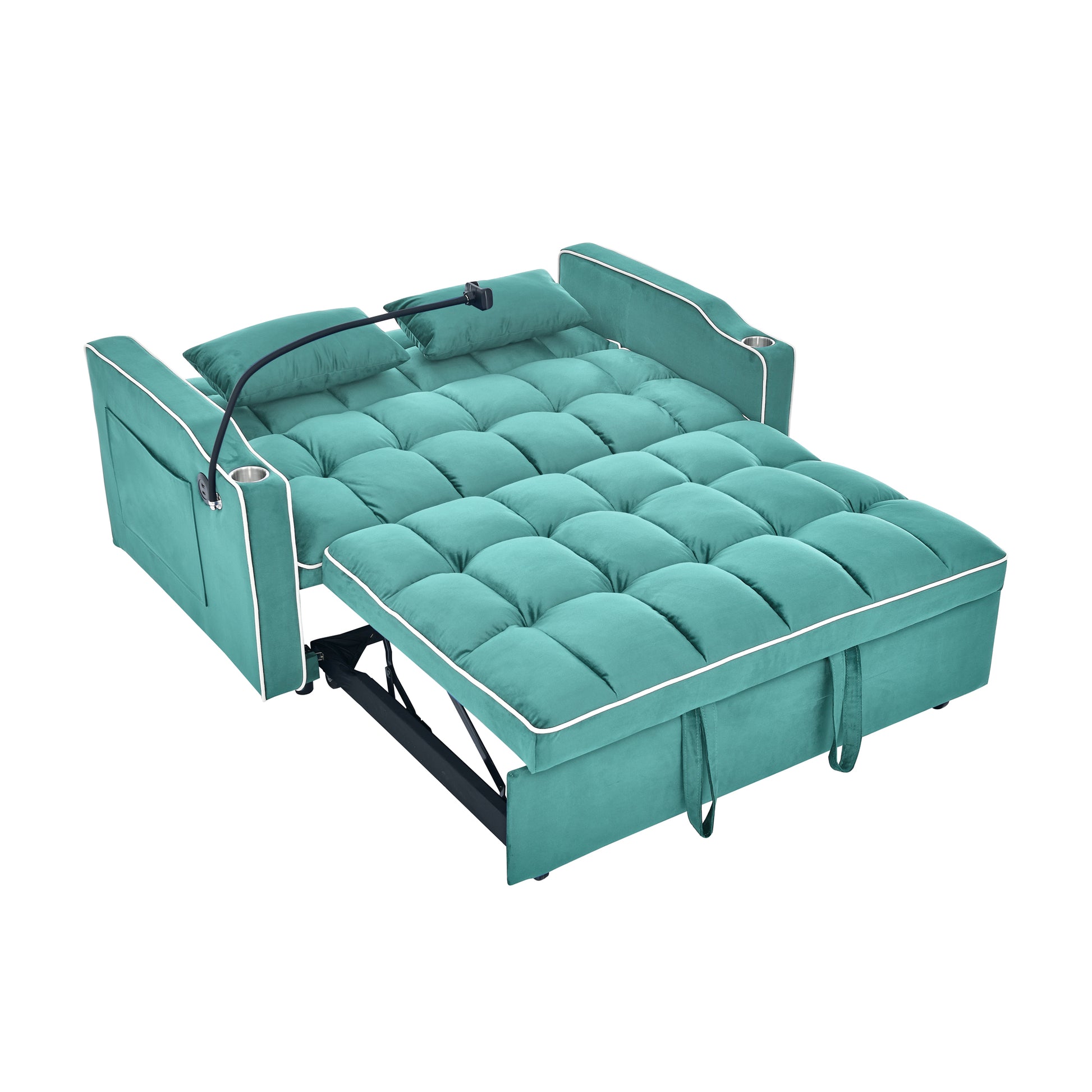 55.51 Inch Versatile Foldable Sofa Bed In 3 Lengths, Modern Sofa Sofa Sofa Velvet Pull Out Bed, Adjustable Back And With Usb Port And Ashtray And Swivel Phone Stand Green Full Antique Blue Green