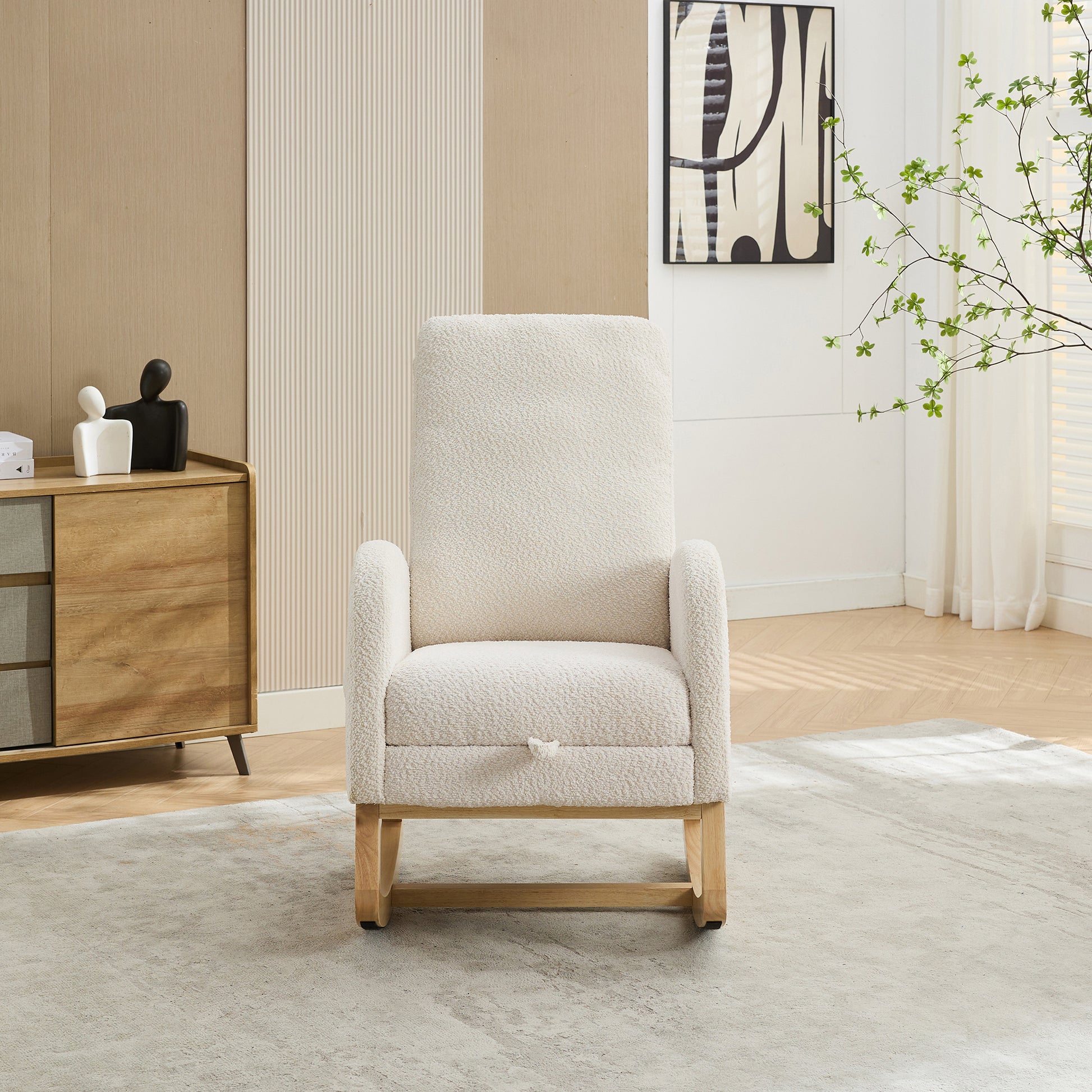 25.4"W Rocking Chair For Nursery, High Back Glider Chair With Retractable Footrest, Side Pocket, Rocking Accent Armchair With Rubber Wood Legs For Living Room Bedroom.Ivory Ivory Boucle