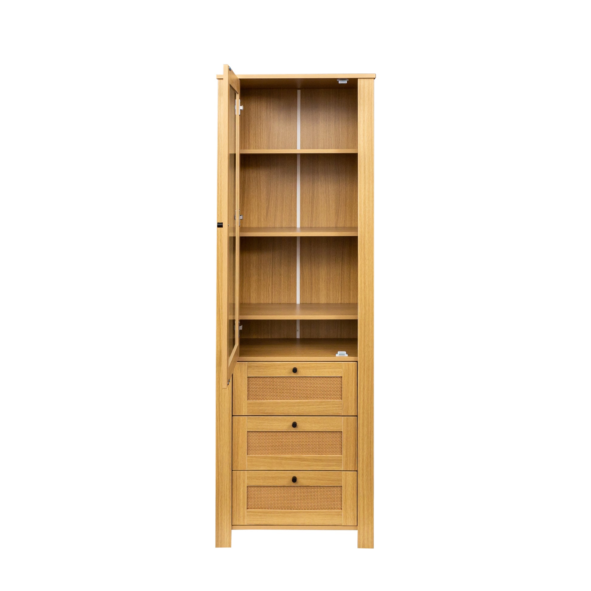 Rattan Door Bookshelf Display Case With Drawer Finish Open Storage Shelves Bookcase Oak Mdf