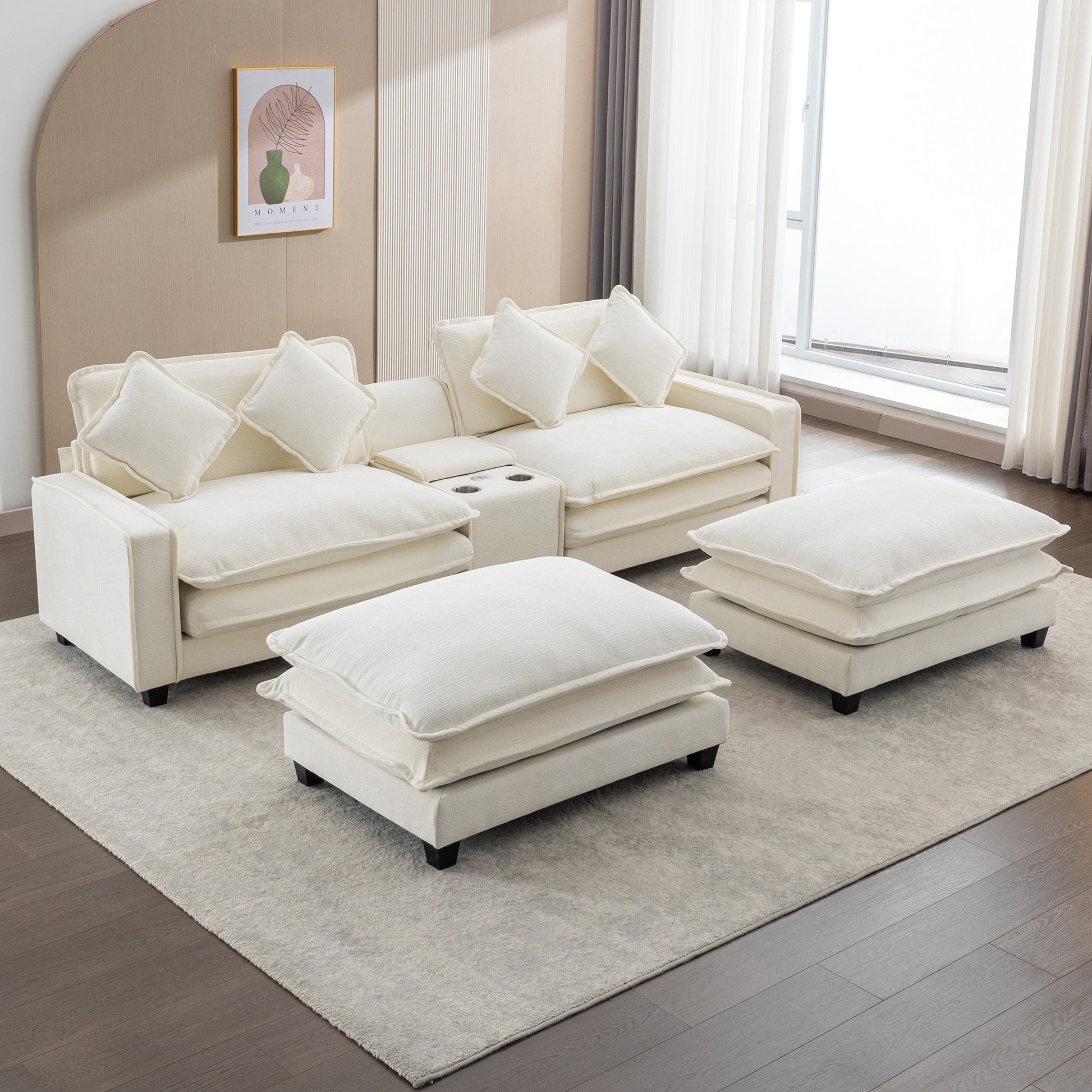 112.6" Sectional Sofa Chenille Upholstered Sofa With Two Removable Ottoman, Two Usb Ports, Two Cup Holders And Large Storage Box For Living Room, Beige Beige Foam Chenille 2 Seat