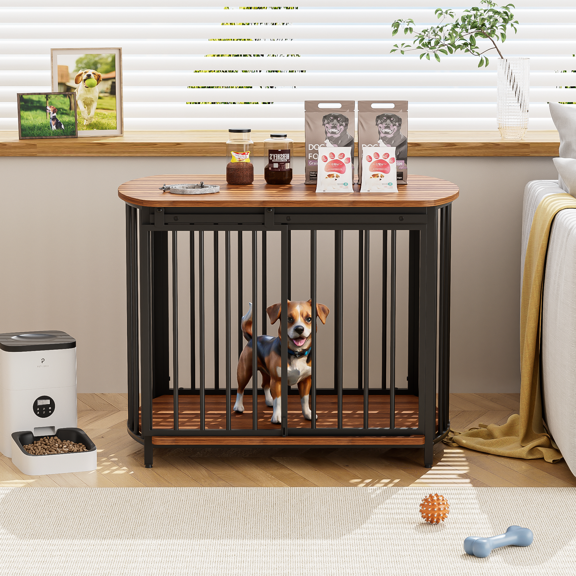 31.5" Furniture Style Dog Crate For Small And Medium Dogs, Wooden Cage Indoor Kennel Furniture, Modern Dog Crate End Table With Double Doors, Brown Brown Pet Barrier Medium 26 40 Lbs Iron,Mdf