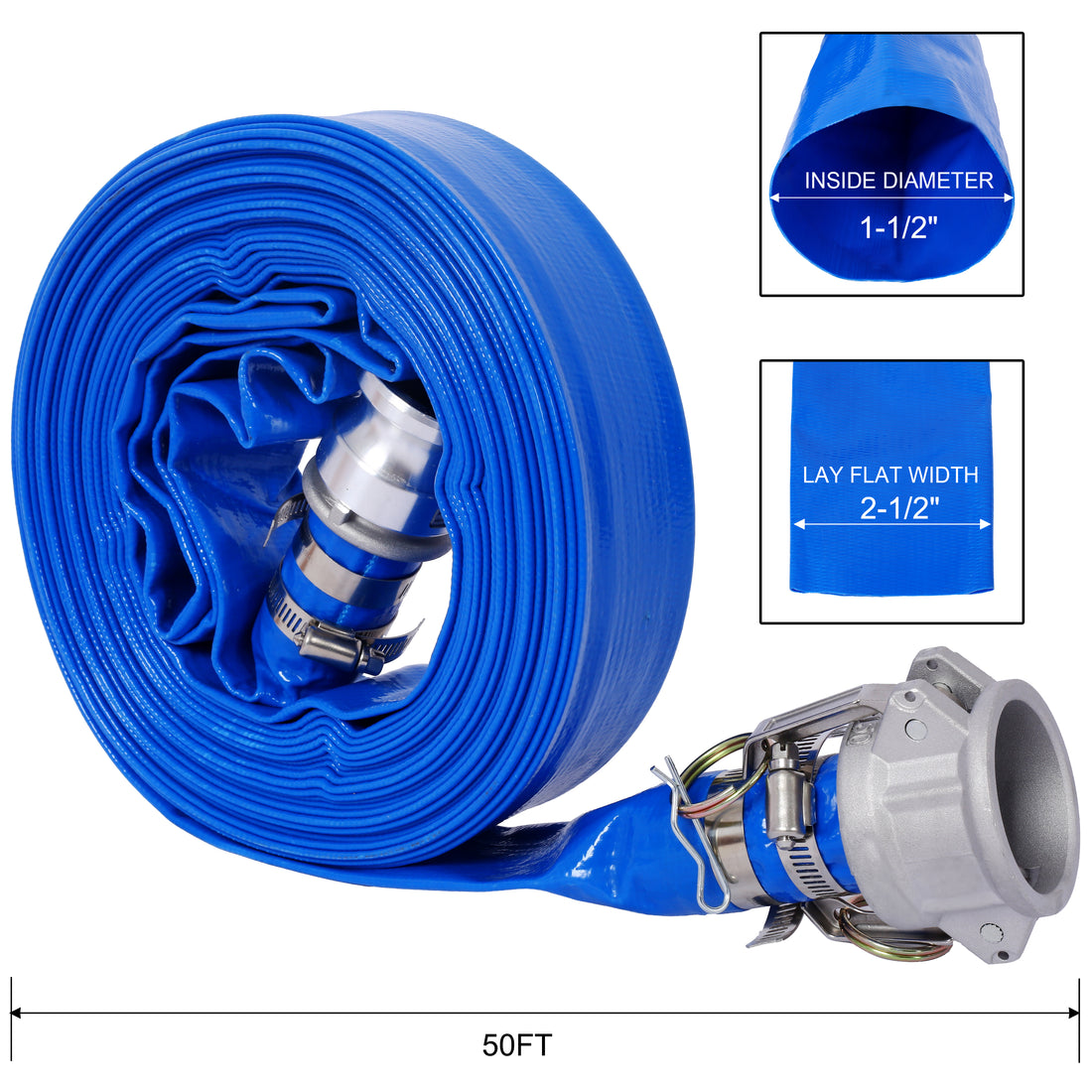 1.5" Id 50 Ft Pool Backwash Hose, Heavy Duty Reinforced Blue Pvc Lay Flat Water Discharge Pump Hoses For Swimming Drain Pools And Clean Filters, With Aluminum Camlock C And E Fittings Blue Pvc
