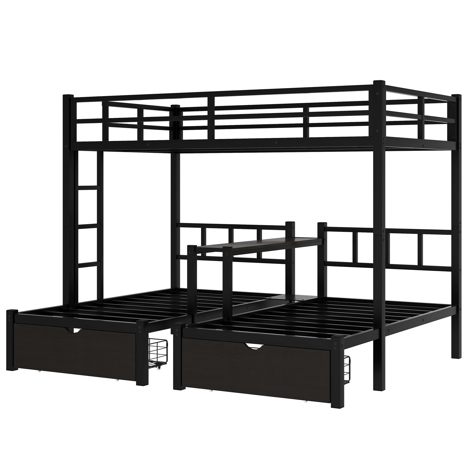 Full Xl Over Twin & Twin Triple Bunk Bed With Drawers, Multi Functional Metal Frame Bed With Desks And Shelves In The Middle, Black Full Xl Black Metal