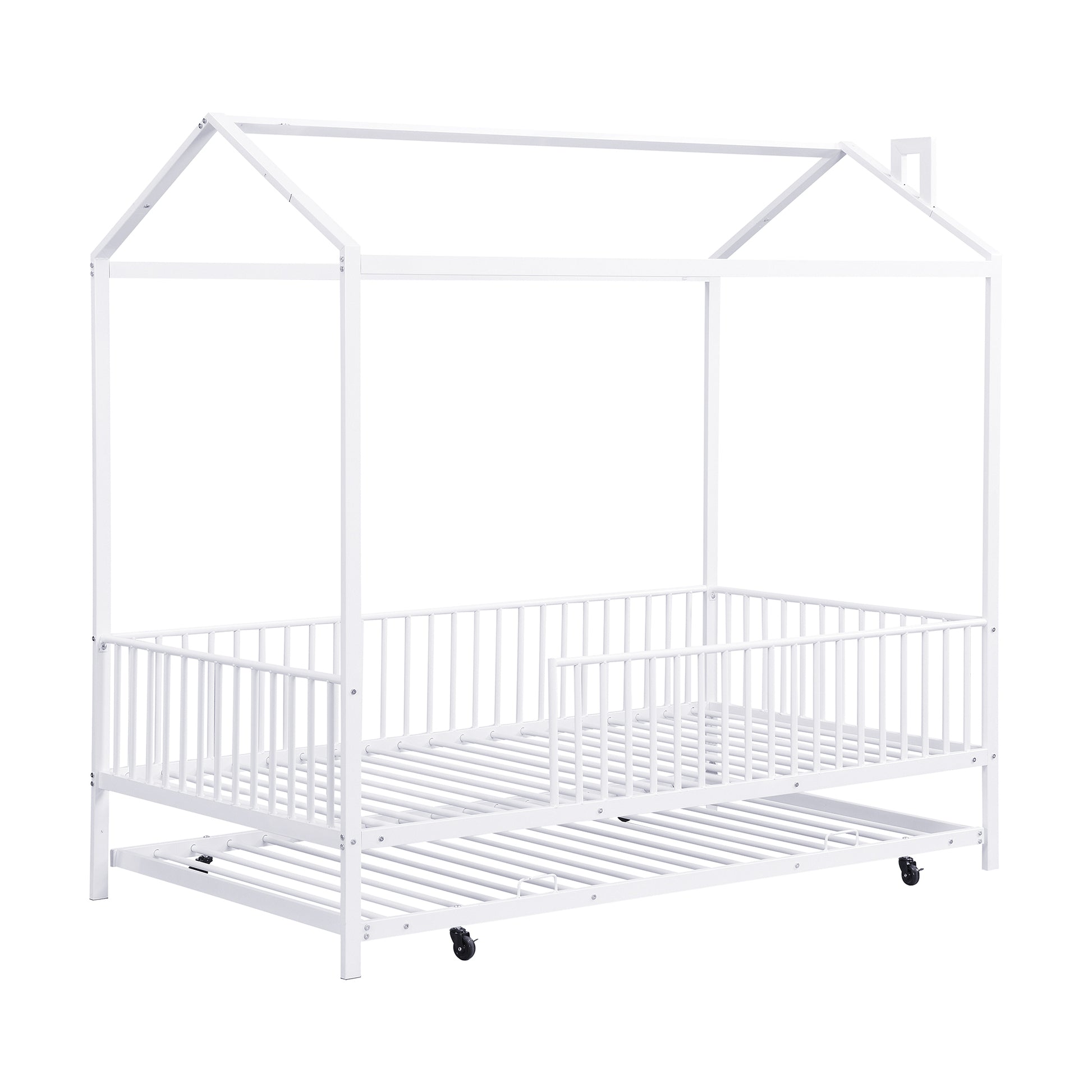 Twin Size Metal House Bed With Fence, With Trundle, White Twin White Metal