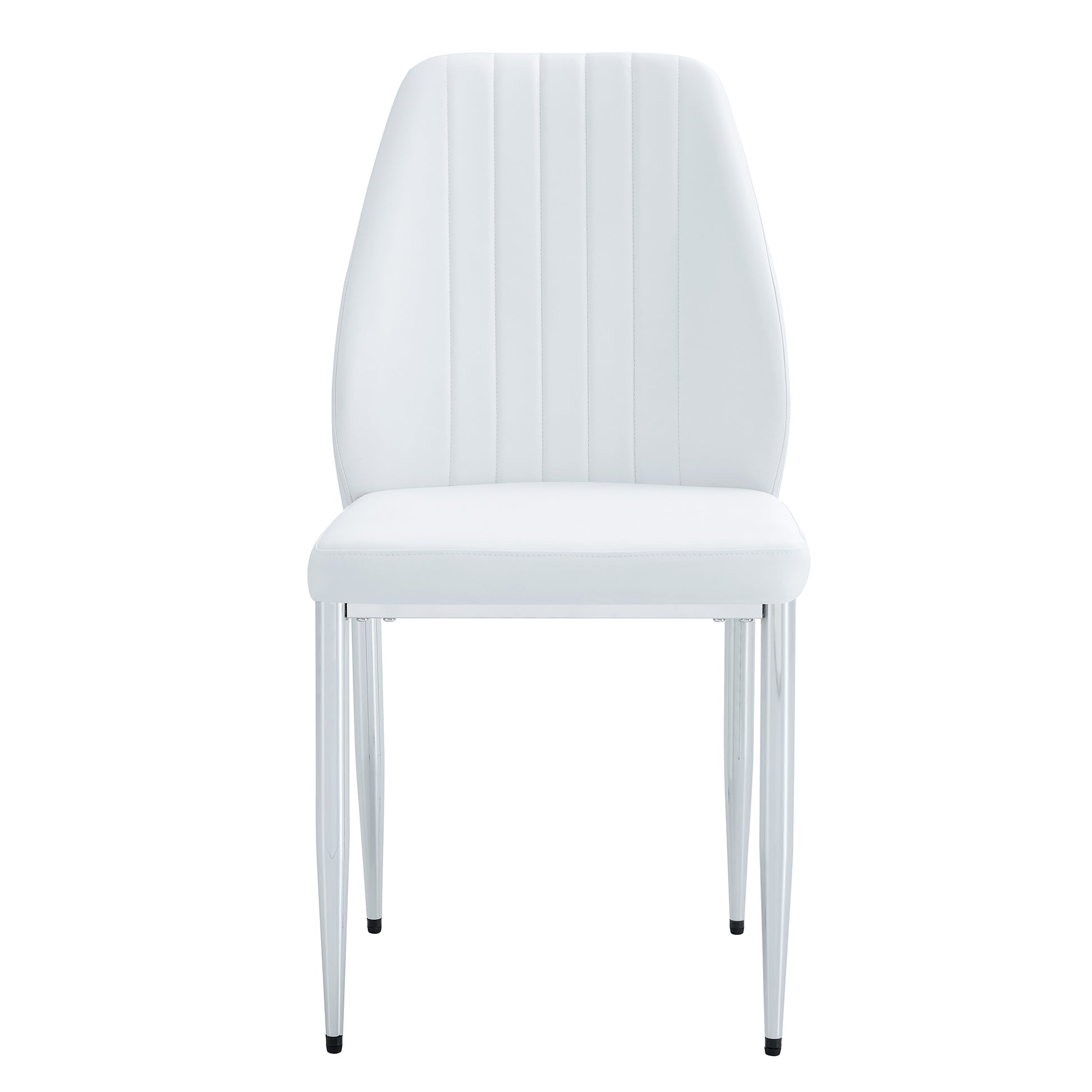 Set Of Four White Pu Comfort Dining Chairs 17.7"X25" .Dining Chair With Extended Backrest,White Pu,Silver Metal Legs,Suitable For Various Places Such As Family Restaurants, Hotels, Coffee Shops,Etc.