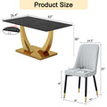 Table And Chair Set.Modern Rectangular Dining Table With Black Textured Stickers Glass Tabletop And Gold Plated Metal Legs.Paried With 6 Comfortable Chairs With Pu Seats And Black Metal Legs. Black Gold,Light Gray Seats 6 Glass Metal