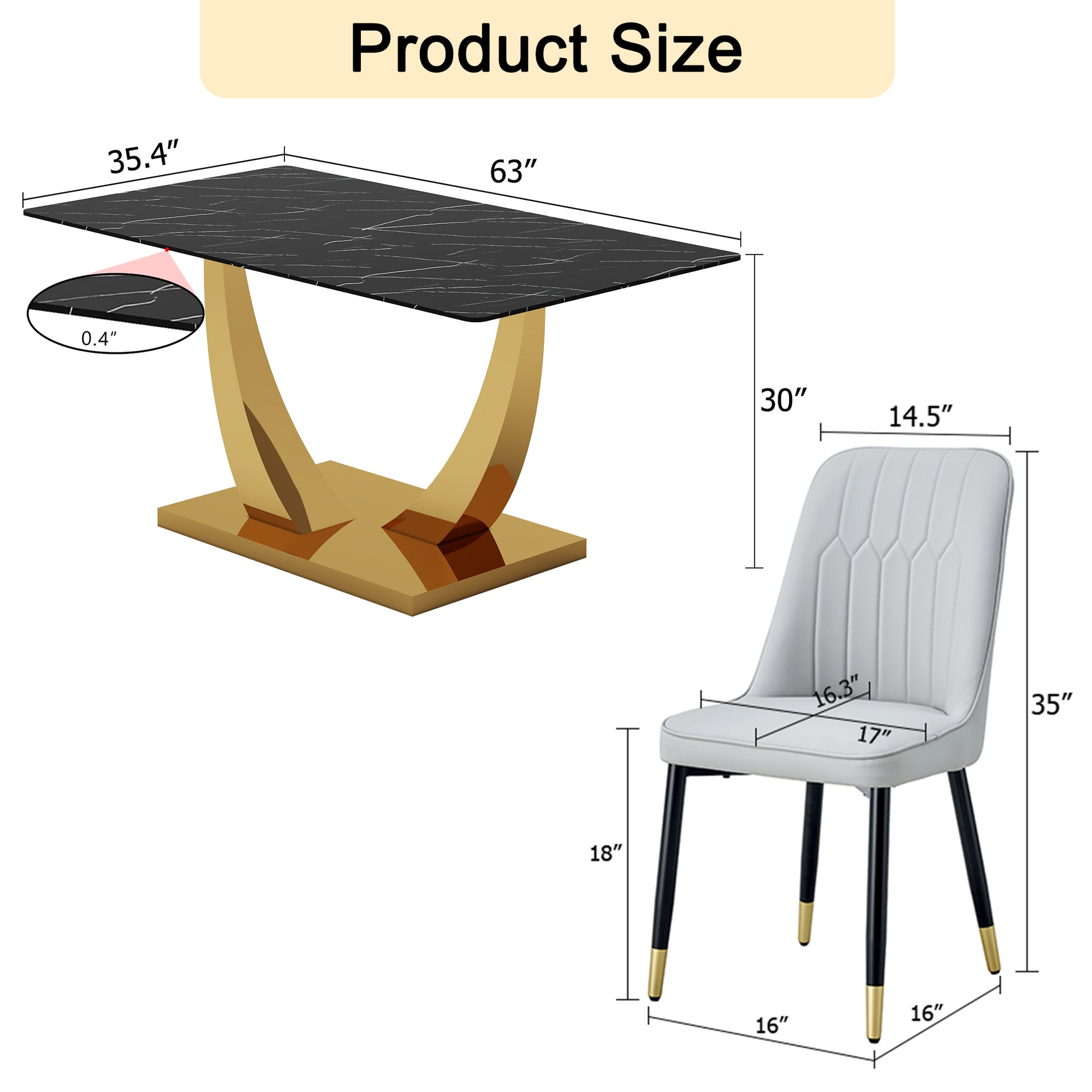 Table And Chair Set.Modern Rectangular Dining Table With Black Textured Stickers Glass Tabletop And Gold Plated Metal Legs.Paried With 6 Comfortable Chairs With Pu Seats And Black Metal Legs. Black Gold,Light Gray Seats 6 Glass Metal