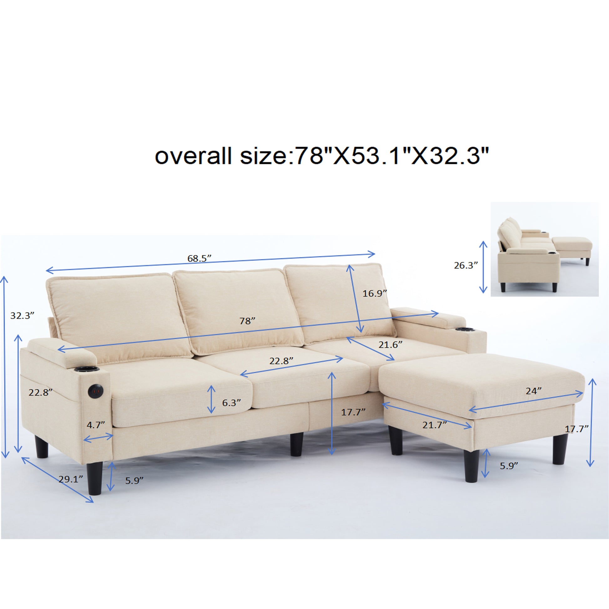 Beige Color Knock Down 3 Seat Combo Sofa With Storage Ottoman For Living Room Apartment Bedroom And Compact Room, Upholstered Sectional Couch, L Shaped Bench With A Footrest, A Individual Sto White Wood Primary Living Space Heavy Duty Pine 3 Seat Beige