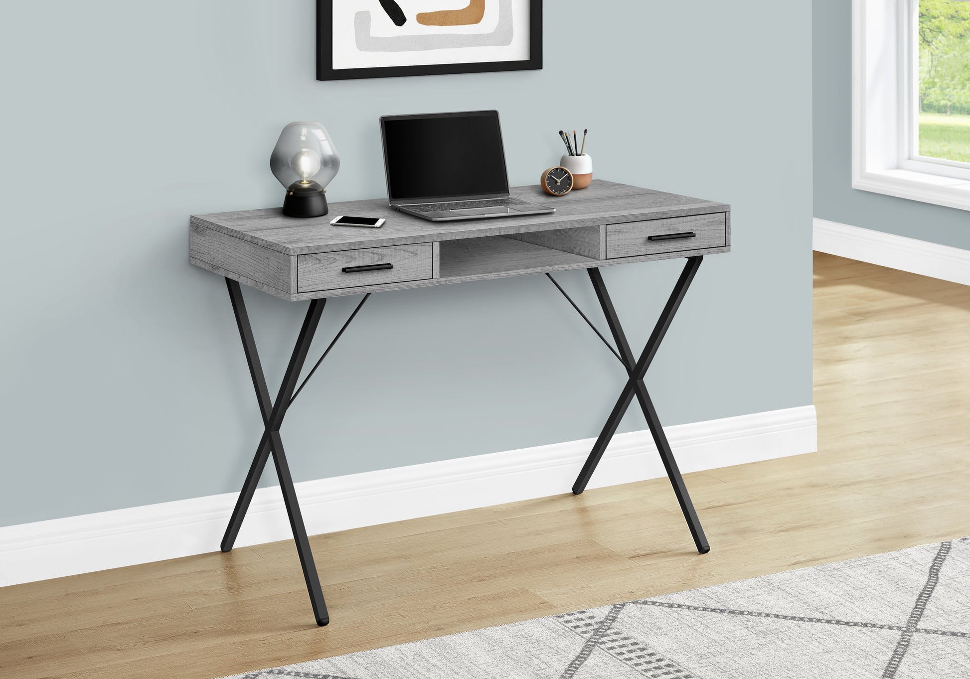 Computer Desk, Home Office, Laptop, Left, Right Set Up, Storage Drawers, 42"L, Work, Grey Laminate, Black Metal, Contemporary, Modern Grey Particle Board