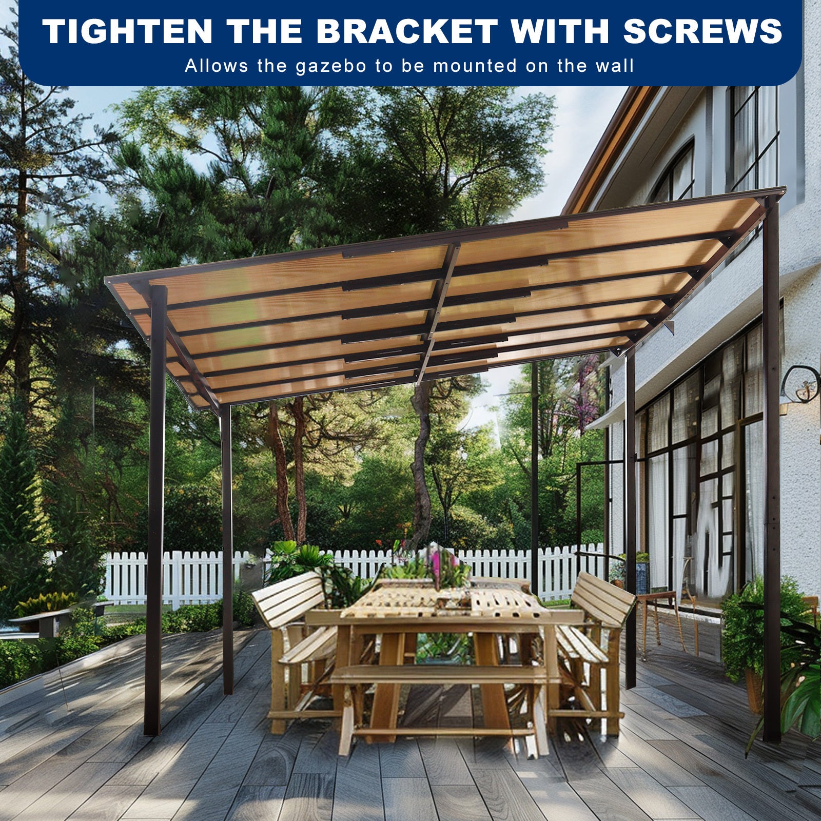 10' X 12' Outdoor Pergola Gazebo,Wall Mounted Lean To Metal Awning Gazebo With Roof,Large Heavy Duty For Patio,Decks,Backyard Grey Metal