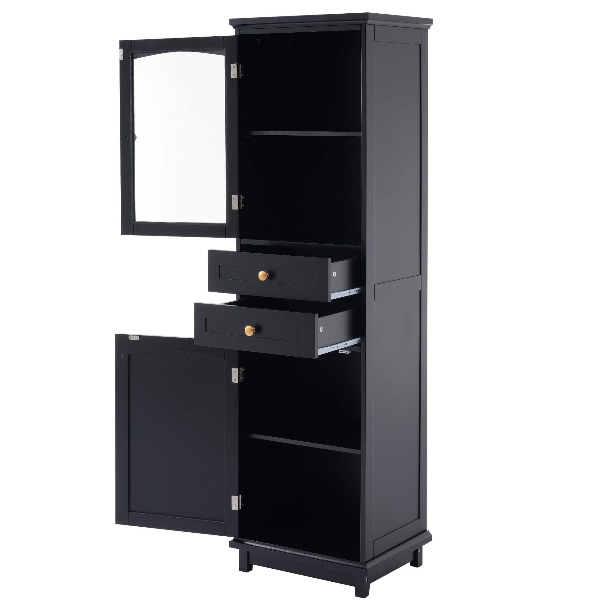 Tall Bathroom Storage Cabinet With Glass Doors, Free Standing, Two Drawers, And Adjustable Shelves, Mdf Board, Painted Black Perfect For Displaying Your Favorite Items 2 Black 2 4 Adjustable Shelves Bathroom Freestanding Partice Board Mdf Pine Wood