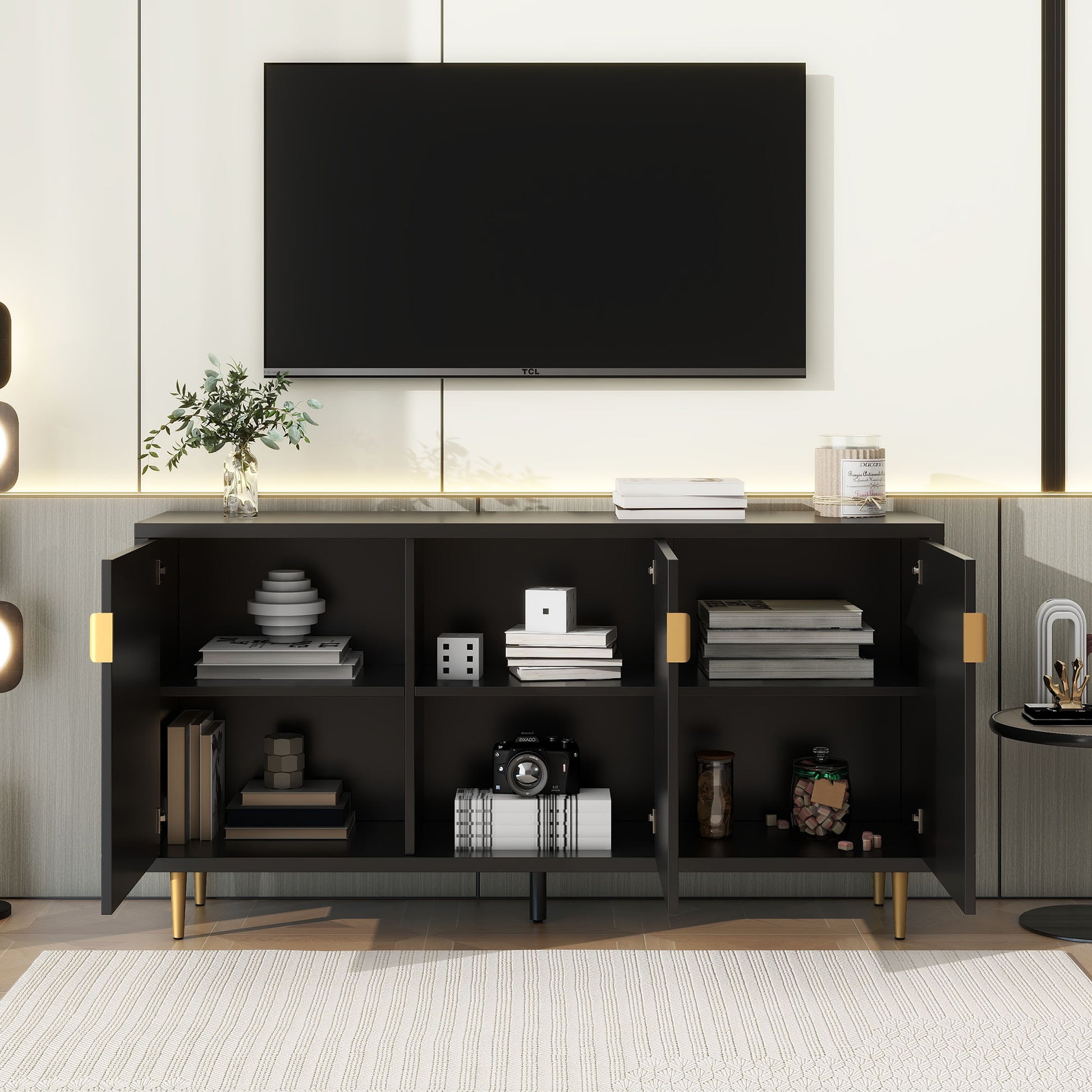 Modern Tv Stand With 3 Doors And Adjustable Shelves For Living Room, Fits Tvs Up To 70 Inches, Black Black 70 79 Inches Particle Board